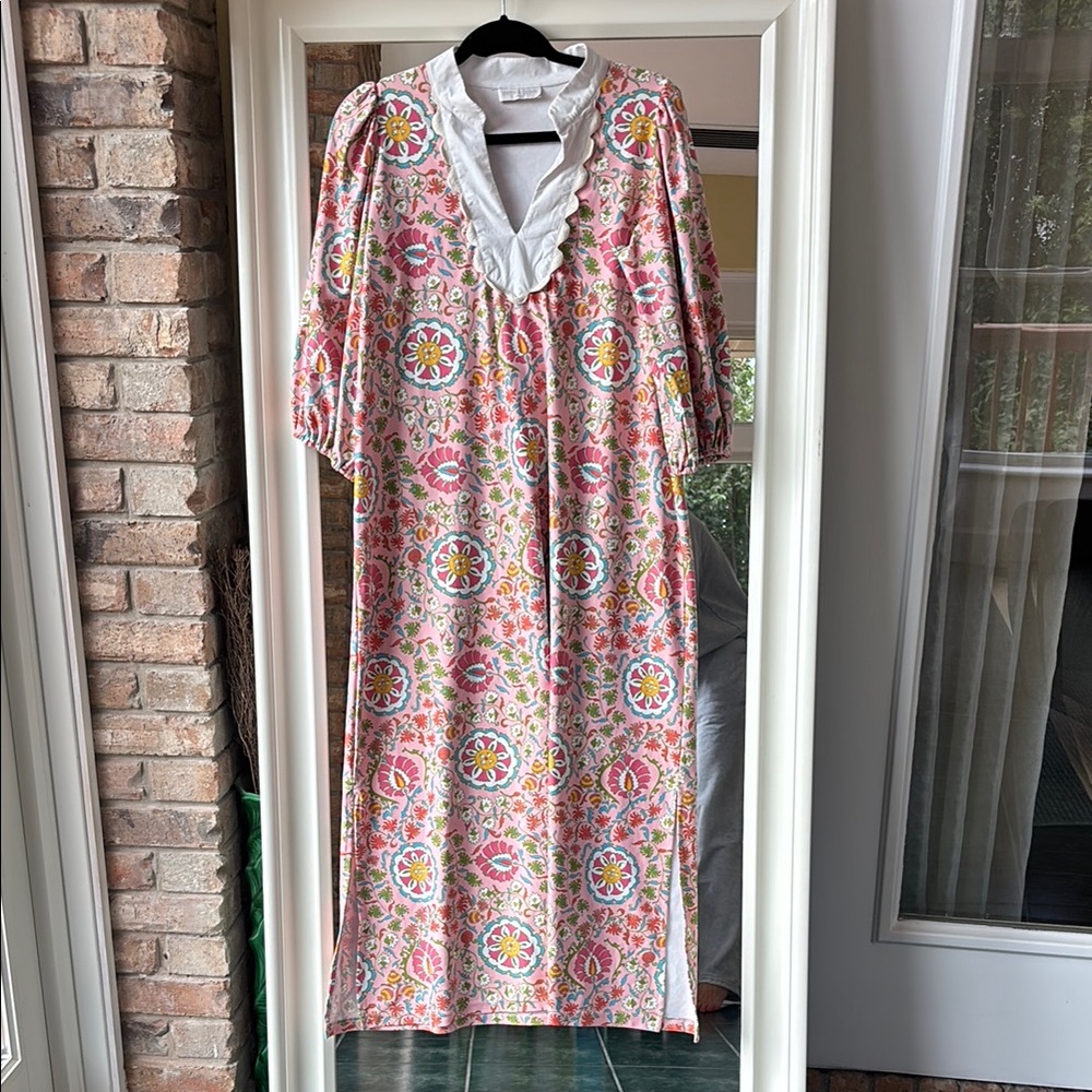 Pink Floral Maxi Dress with White Ruffled V-Neck
